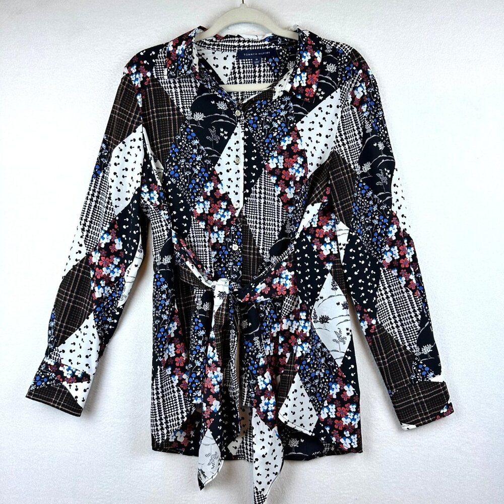 Tommy Hilfiger Patchwork Geo Floral Button Up Womens M Boho Contemporary Chic